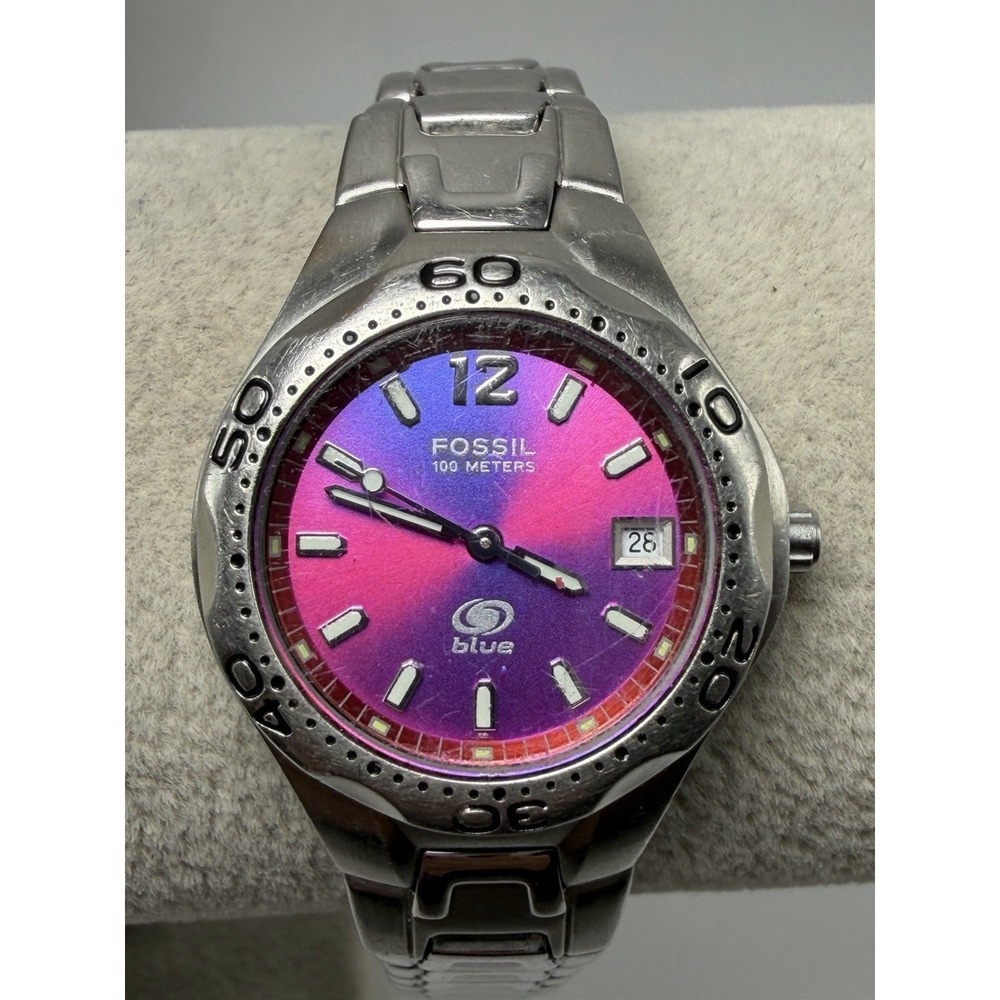 Fossil Blue AM-3529 New Battery Ladies Watch 28MM 6.5" Pink Dial